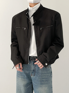sf秋春韩版时髦高级复古拉链，立领飞机夹克，男士宽松短款垫肩外套