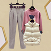 冬季时尚三件套女韩版宽松加绒卫衣女+羽绒棉马甲外套+加厚毛呢裤