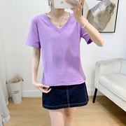 春夏季韩版纯棉短袖v领t恤女加大码百搭紫罗兰，减龄简约宽松打底衫