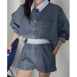 韩国chic春季复古气质翻领百搭条纹，牛仔衬衫+松紧腰阔腿短裤套装