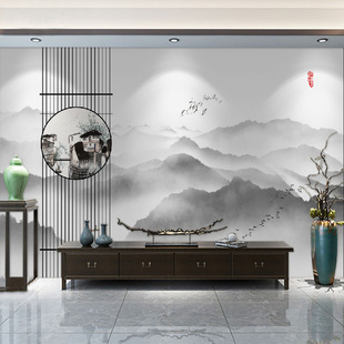现代中式风格装饰墙纸水墨山水电视背景墙养生馆禅意壁画茶室壁纸