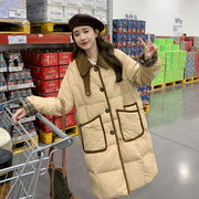 卡其色羽绒服冬季女2023韩系设计感拼接中长款90白鸭绒(白鸭绒)厚外套