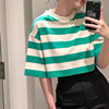 原c&s女装休闲版型，短款宽袖绿条纹，针织t恤夏季