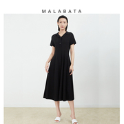 malabata连衣裙女2023年春夏，半袖法式中长裙黑色，高腰a字裙