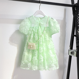 女童绿色珍珠翻领连衣裙，2023夏装儿童洋气，公主裙宝宝网纱裙子