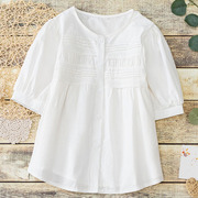 纯棉短袖白色衬衫女夏装设计感复古文艺宽松蕾丝拼接抽褶圆领上衣