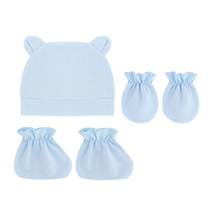 外贸款纯色婴儿帽子手套脚套宝宝3件套装新生儿帽子0-3个月胎帽子