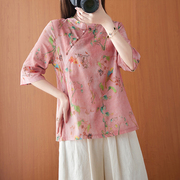 中国风复古斜襟珠扣改良衬衫夏季宽松苎麻印花显瘦中袖上衣女