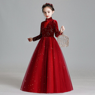 大码红色礼服公主裙女大童蓬蓬纱花童生日小女孩主持人钢琴演出服