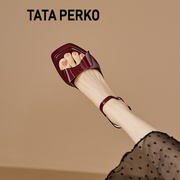 tataperko联名女鞋真皮，甜美蝴蝶结防水台高跟，凉鞋女粗跟方头露趾