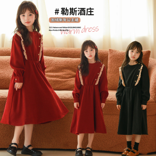 2023冬装韩版女童装纯棉加绒连衣裙红色公主裙长裙新年裙中大童