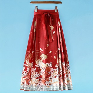 新中式国风改良汉服马面裙半身长裙女秋冬日常通勤小个子红色古装
