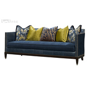 美式奢华皮布结合蓝色沙发，现代简约轻奢真皮沙发组合1+2+3客厅