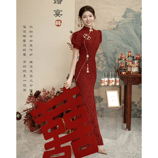 红色旗袍敬酒服新娘，中式订婚连衣裙出阁宴，礼服女2024平时可穿
