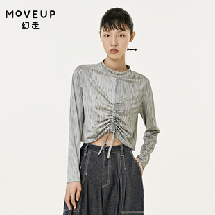商场同款MOVEUP幻走2022春季 抽褶花色设计师短款T恤女