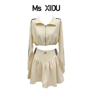 Ms XIDU 原创设计 复古美式运动风 网球华夫格宽松长袖短裙套装春