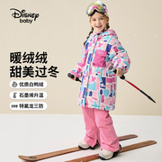 迪士尼女童中长款三防羽绒服可爱彩色方块满印多彩棉服防水油加厚