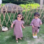 男童紫色条纹套装儿童夏装兄妹装2024夏款女童连衣裙宝宝两件套