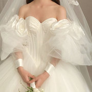 新娘手套手工花朵婚纱礼服，长款手纱袖子，抹胸婚纱网纱手袖婚礼配饰