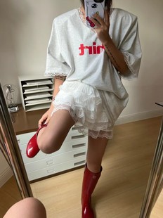 韩系ins蕾丝拼接v领大版中长款t恤女2024高级感休闲遮肉上衣