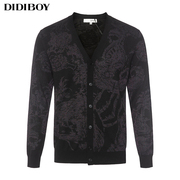 didiboy迪迪博迩100%纯羊毛衫，秋季v领开衫，黑色提花中年男士针织衫