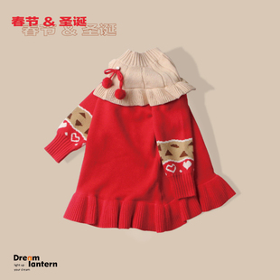 女童针织连衣裙宝宝红色裙子圣诞节女孩童装春节新年款长袖毛衣裙