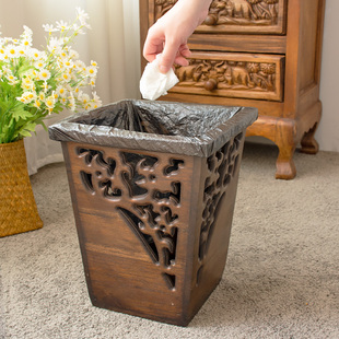 泰国复古创意垃圾桶家用客厅卧室垃圾篓厕所，厨房新中式实木质纸篓