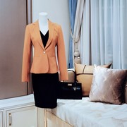 欧美口袋纽扣品牌女士粉橙色小短款西装职业显瘦长袖修身外套