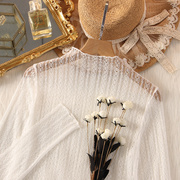 甜美白色很仙的网纱上衣内搭薄款洋气性感透明蕾丝打底衫女长袖秋