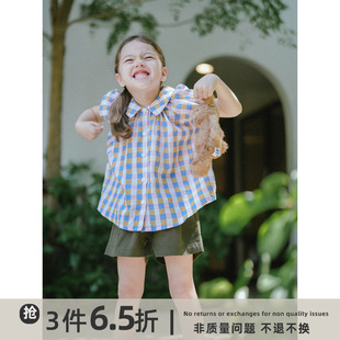 史豌豆(史豌豆)女童，彩色格子泡泡袖娃娃，衫2023夏季小女孩洋气翻领衬衫