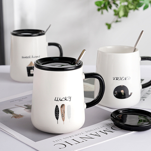 马克杯陶瓷带盖勺喝水杯子，创意潮流男女情侣家用办公室早餐咖啡杯