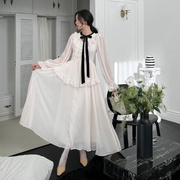 韩国东大门法式复古雪纺，仙气设计感连衣裙纯色，荷叶边收腰显瘦长裙