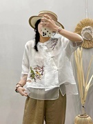中国民族风刺绣高支苎麻，上衣女2023夏季妈妈，小衫白色棉麻衬衫