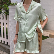 简绿高级感百搭夏季薄款短袖睡衣女甜美夏天可外穿家居服套装代发