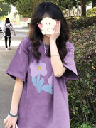 复古紫色t恤短袖显瘦大码女装胖mm纯棉ins潮，独特夏季百搭炸街上衣