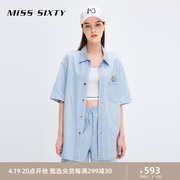 Miss Sixty浅色牛仔短袖衬衫女Polo领刺绣时尚减龄宽松显瘦休闲