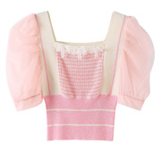 短袖上衣女夏季女士粉色条纹拼接雪纺泡泡袖甜美针织衫女