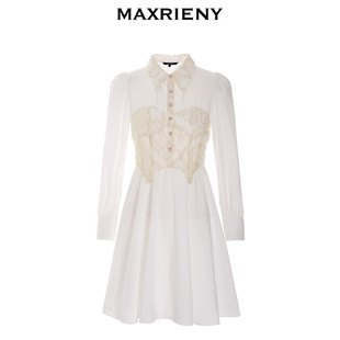 奥莱MAXRIENY收腰衬衫裙秋季白色连衣裙蕾丝拼接短裙翻领A字