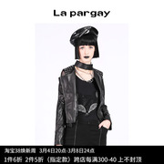 Lapargay纳帕佳2023秋冬女式黑色短款长袖皮衣外套设计感上衣