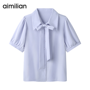 艾米恋蝴蝶结雪纺衬衫女士蓝色短袖衬衣夏白色气质设计感法式上衣