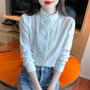 纯棉衬衫女2024春季法式刺绣木耳边立领白衬衣(白衬衣，)设计感减龄上衣