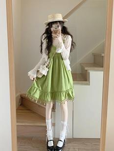 波西米亚绿色v领流苏吊带连衣裙女夏季度假风小个子气质中长裙子