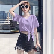 潮牌紫色t恤女短袖宽松纯棉半袖，夏v领打底衫短款上衣露脐高腰