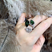 设计师款水滴型祖母绿宝石轻奢欧美风水钻，夸张个性开口均码戒指