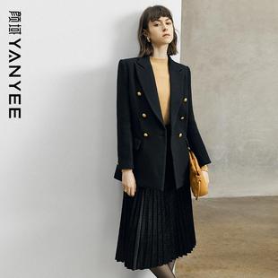颜域复古小香风西装女士2024新款冬装职业显瘦中长款黑色西服外套