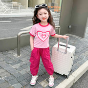 女小童套装夏装2024洋气夏季网红时髦女宝宝短袖工装裤两件套