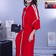欧货2024夏季宽松红色拉链设计短袖t恤连衣裙小个子单穿女装