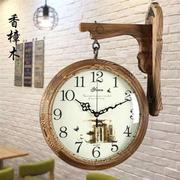中式香樟木双面挂钟欧式复古客厅实木现代简约钟表两面静音壁挂表