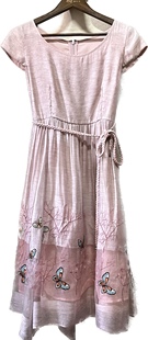 花系列桑蚕丝连衣裙粉色圆领短袖编绳腰带古典重工蝴蝶刺绣长裙