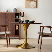 黑胡桃木圆形桌家用小户型，简约饭桌钛金，拉丝底座轻奢咖啡桌椅组合